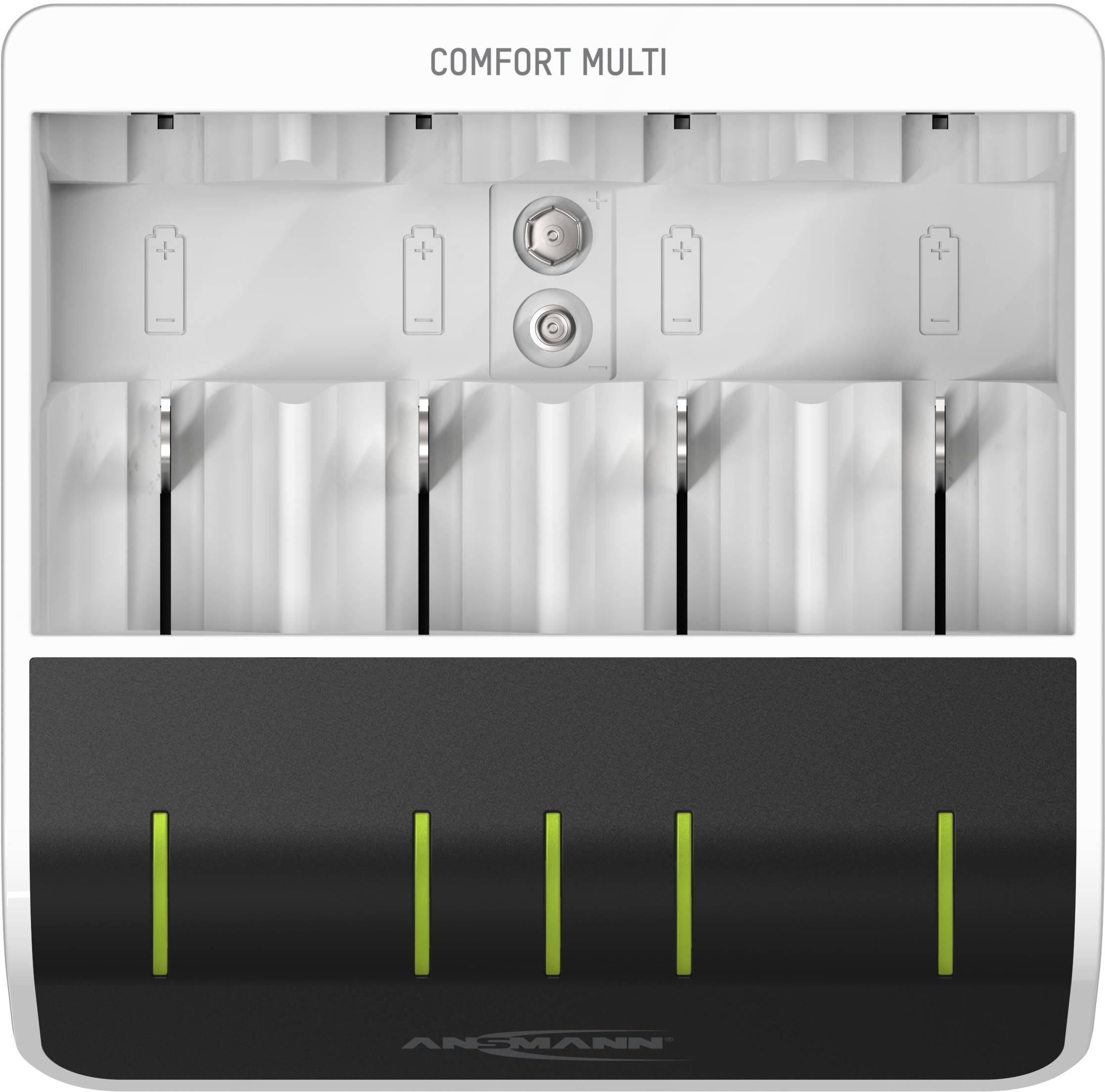 En oplader med fire pladser til AA- eller AAA-batterier. Øverst kan man læse 'COMFORT MULTI'. Egnet til forskellige batterityper.