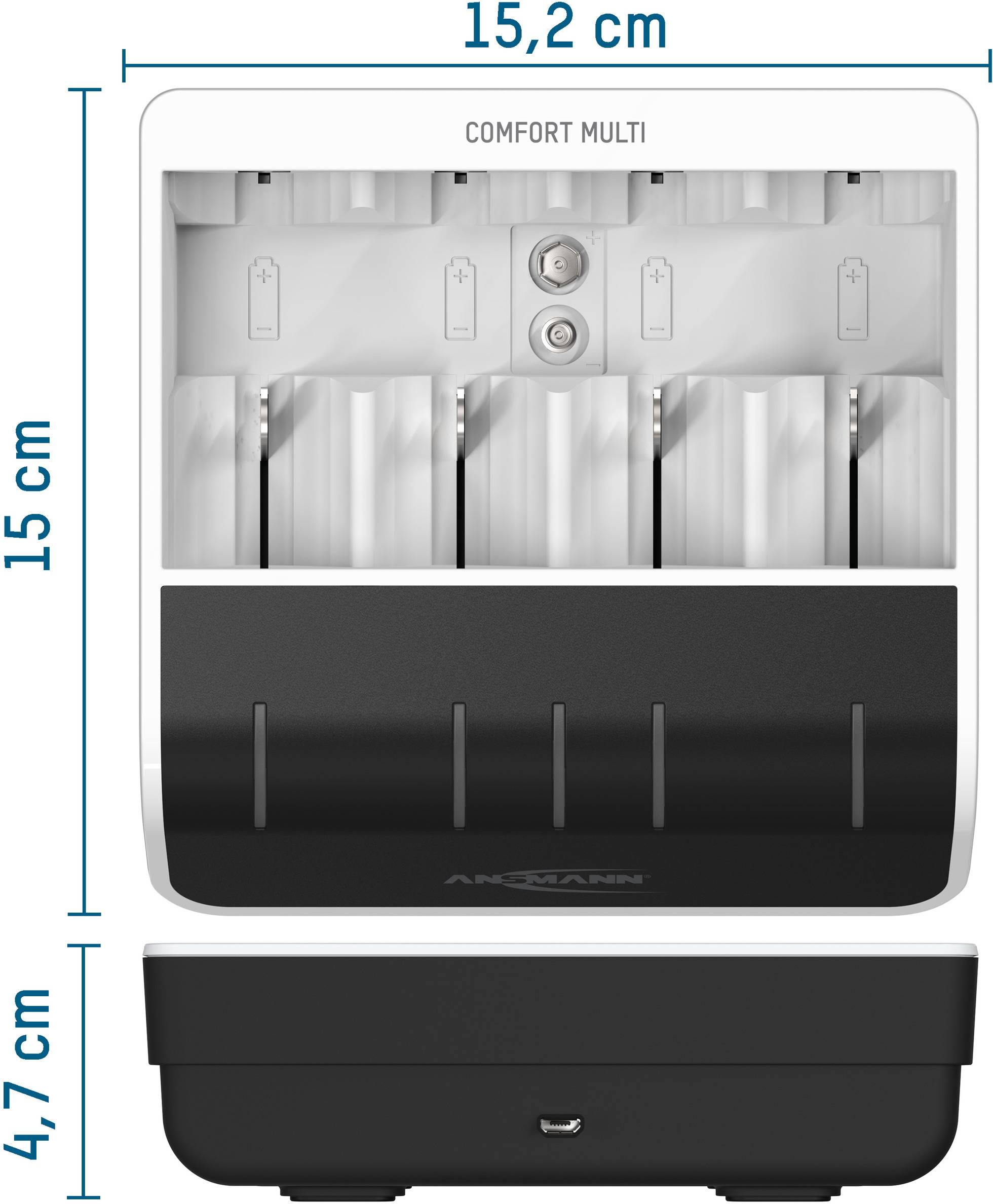 Batterioplader med fire ladepladser og USB-port på forsiden. Mål: 15,2 cm bred, 15 cm høj, 4,7 cm dyb.