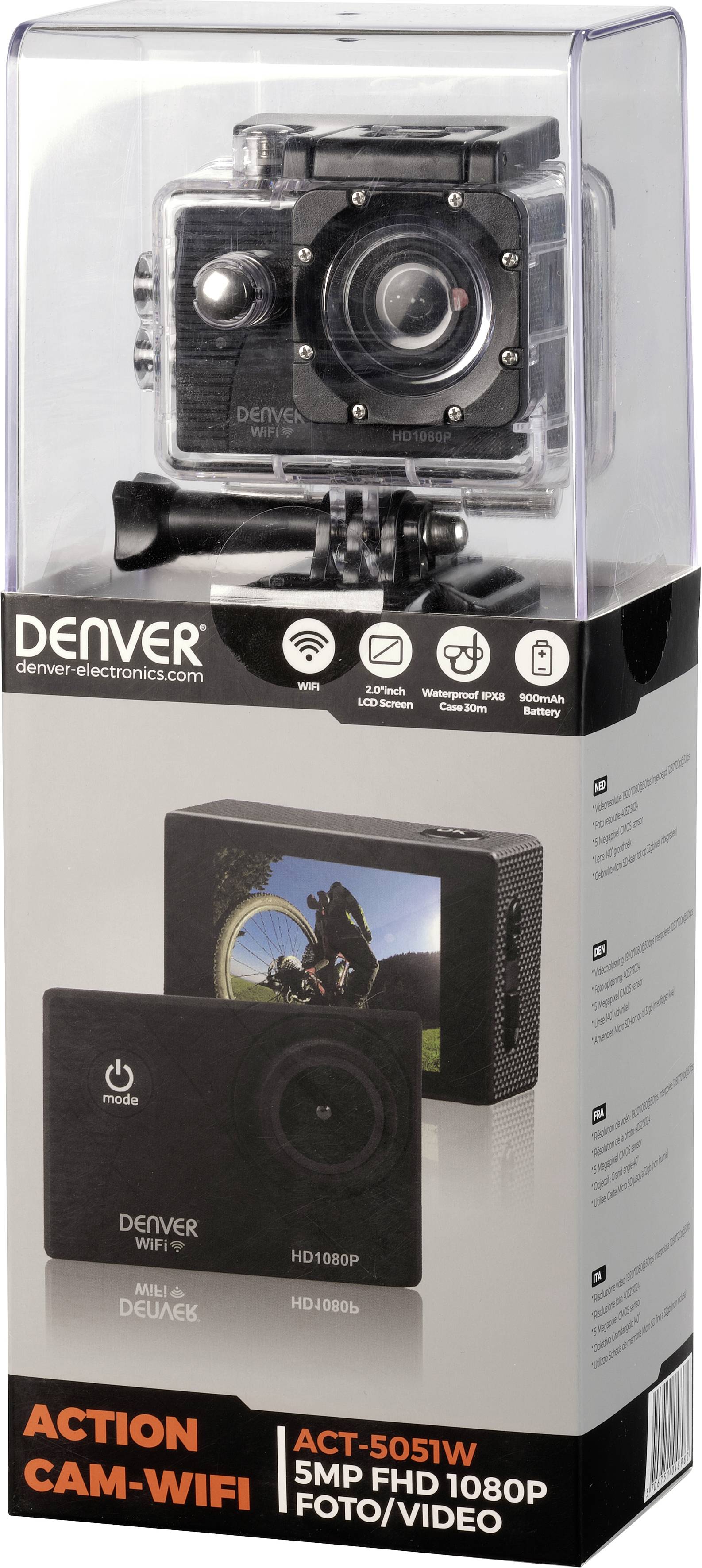 Et actionkamera, model Denver ACT-5051W, vises i en emballage. Emballagen fremhæver funktioner som 5MP, FHD 1080P, foto/video og WiFi.