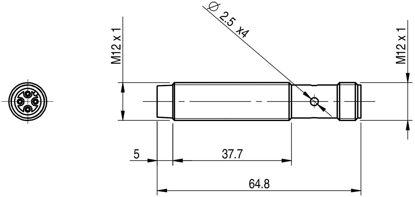 Teknisk tegning af en cylindrisk stikforbinder med dimensioner: samlet længde 64,8 mm, diameter 2,5 mm.