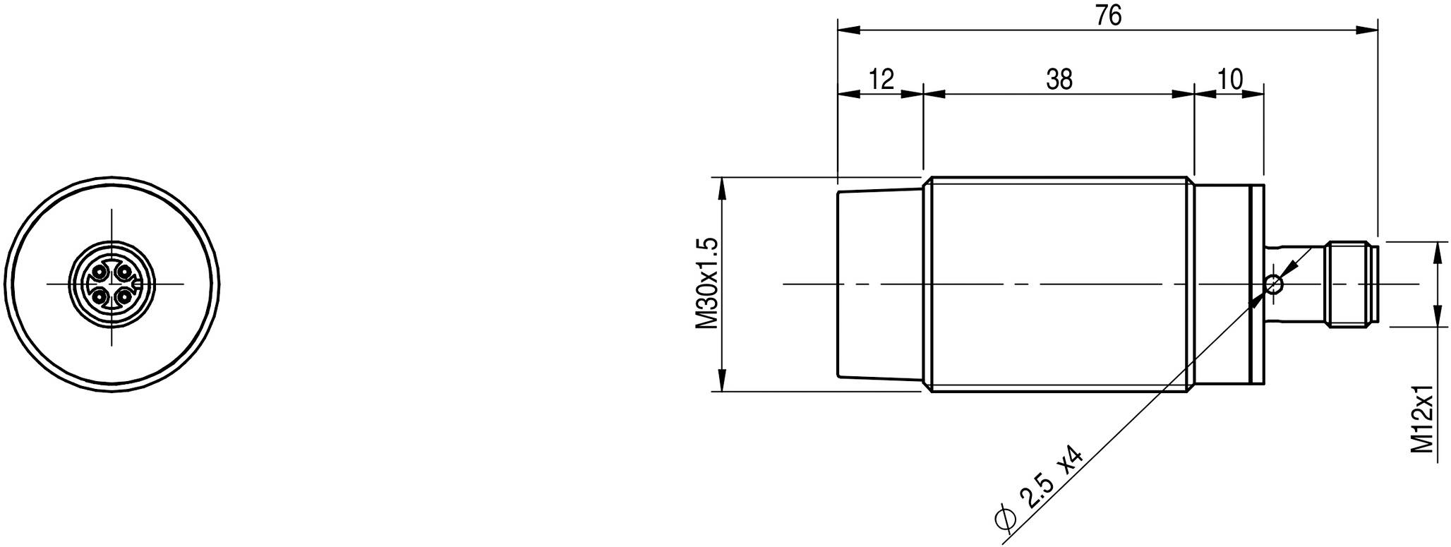 Teknisk tegning af en cylindrisk sensor med måleangivelser: diameter, længde; M12x1-tilslutning. Tværsnitsvisning viser indvendig konstruktion.