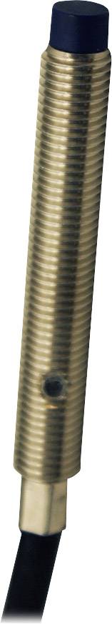 Metallic cylindrisk sensor med sort spids og kabelstik. Bruges til berøringsfri registrering af objekter.