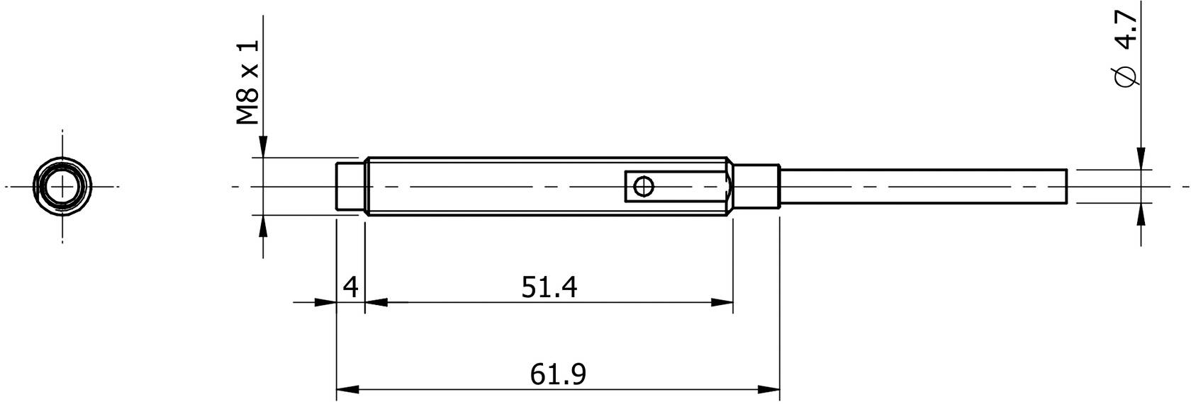 Teknisk tegning af et cylindrisk objekt med M8 x 1-gevind, samlet længde 61,9 mm og Ø 4,7 mm, med målangivelser.