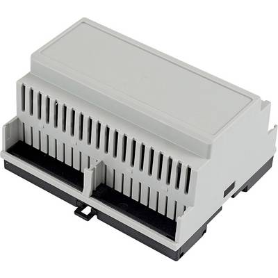 Et grå, rektangulær elektrisk kabinet med ventilationsåbninger, egnet til montering på DIN-skinne.