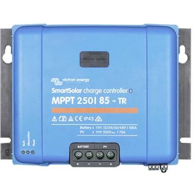 Blå solcelleregulator med påskriften 'SmartSolar-solaregulator MPPT 250/85 -TR'. Display til batteritilslutninger, statuslys til stede.