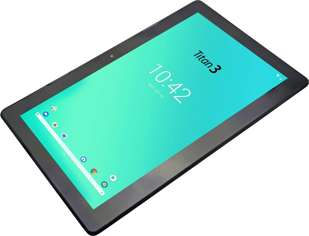 Tablet i skrå vinkel med skærm, der viser klokkeslættet '10:42' og teksten 'Titan 3', omgivet af flere app-symboler.