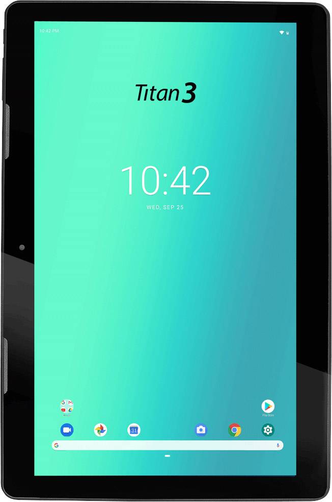 Et tablet med en blå skærm viser 'Titan 3' øverst og klokkeslættet '10:42' i midten. Nederst er app-ikoner synlige.