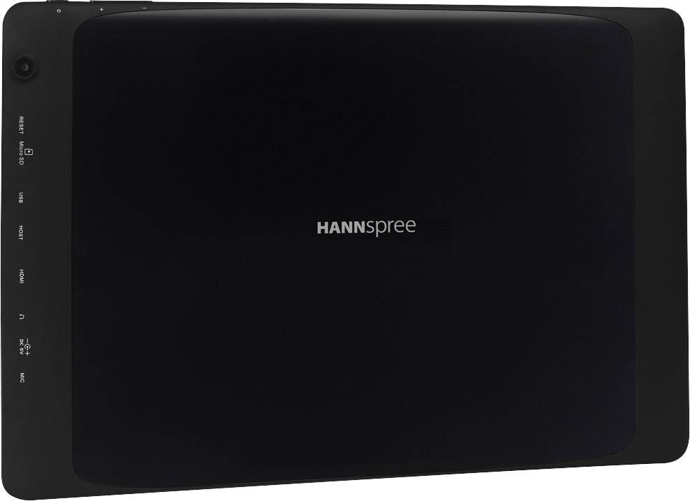 Et sort tablet med påskriften 'HANNSpree' på bagsiden. Til venstre ses forskellige stik og symboler.