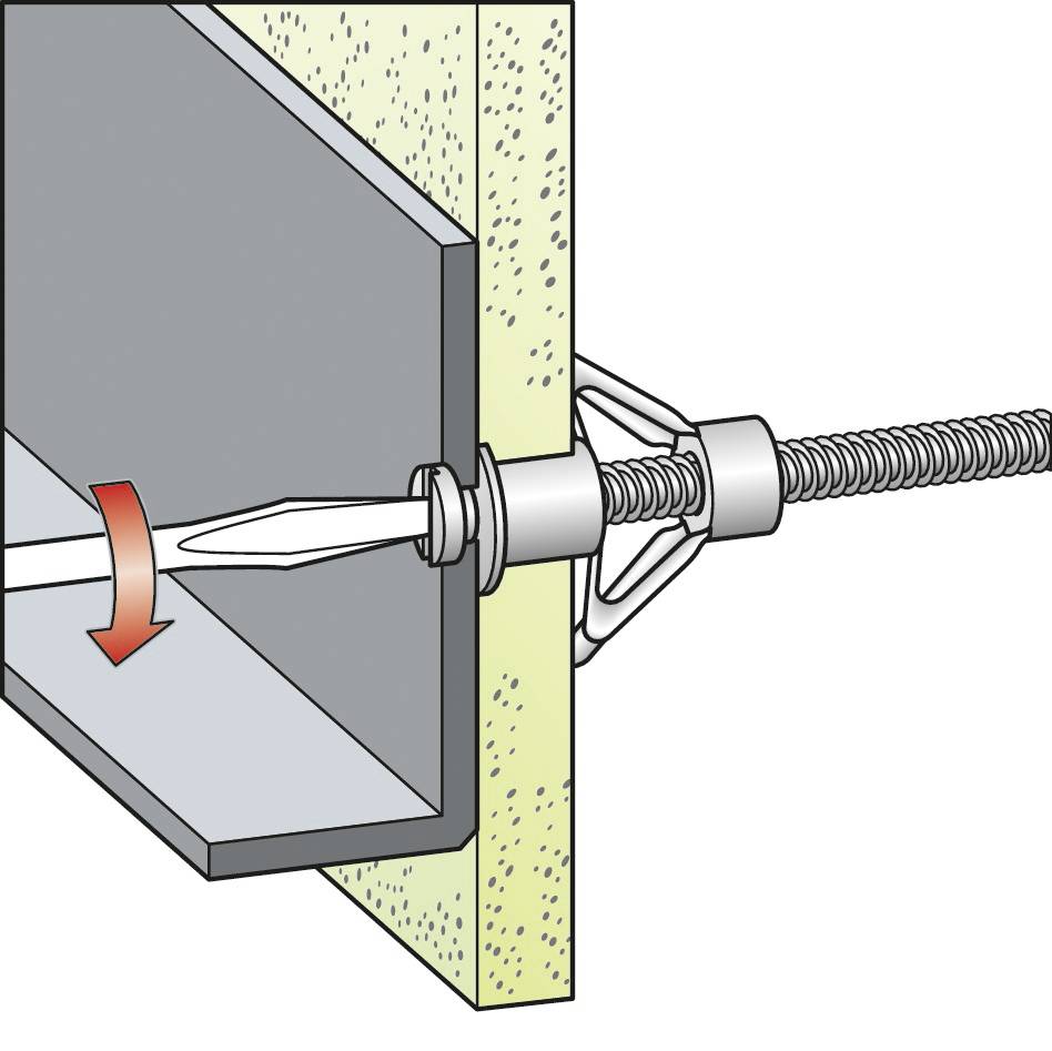 Illustration af en ekspansionsdybel, der er fastgjort gennem en metalplade i en væg for at sikre stabil forankring.