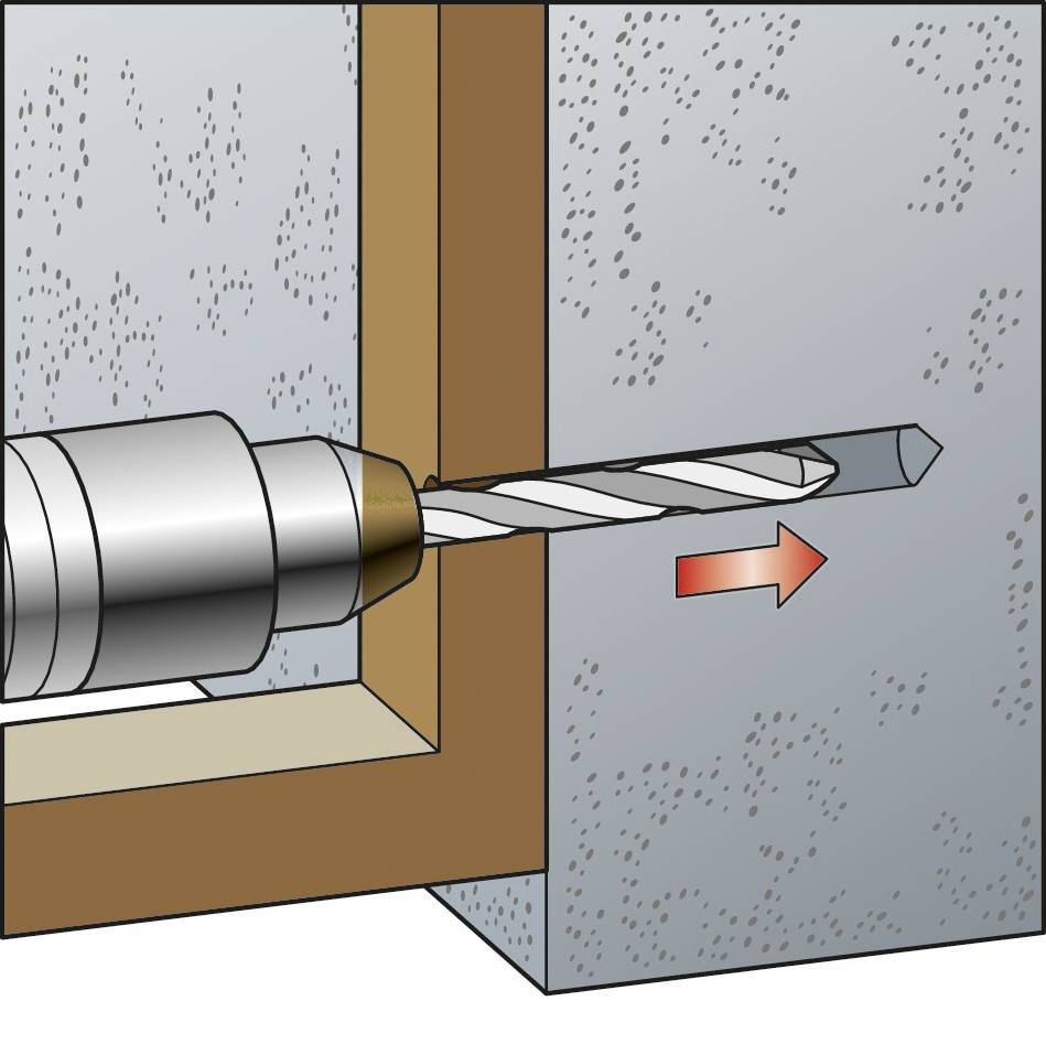 Boremaskinen borer et hul i en væg. Boret går ind i venstre side og trænger ud gennem den modsatte ende af væggen. En rød pil viser boringens retning.