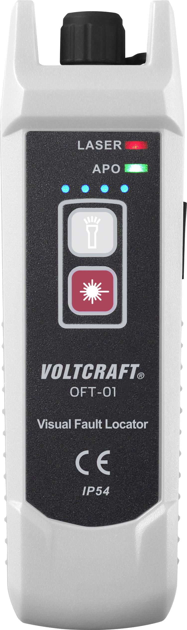 Bærbar enhed til optisk fejldetektering med rød laserindikator og grøn 'APO'-lampe. 'VOLTCRAFT OFT-01' etiket synlig.