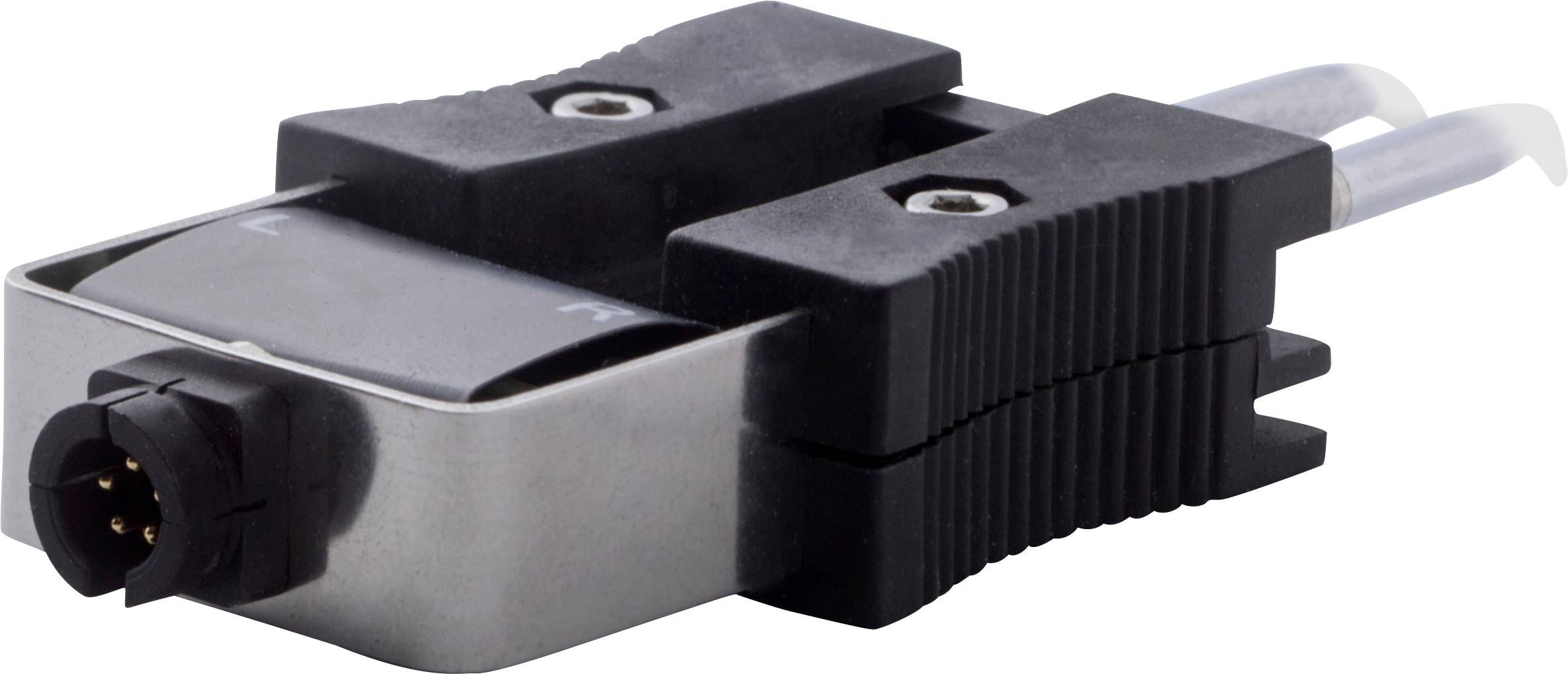 Et sort magnetisk ventil med et metalkabinet og plastkomponenter, set forfra. Det har tilslutninger i siden.