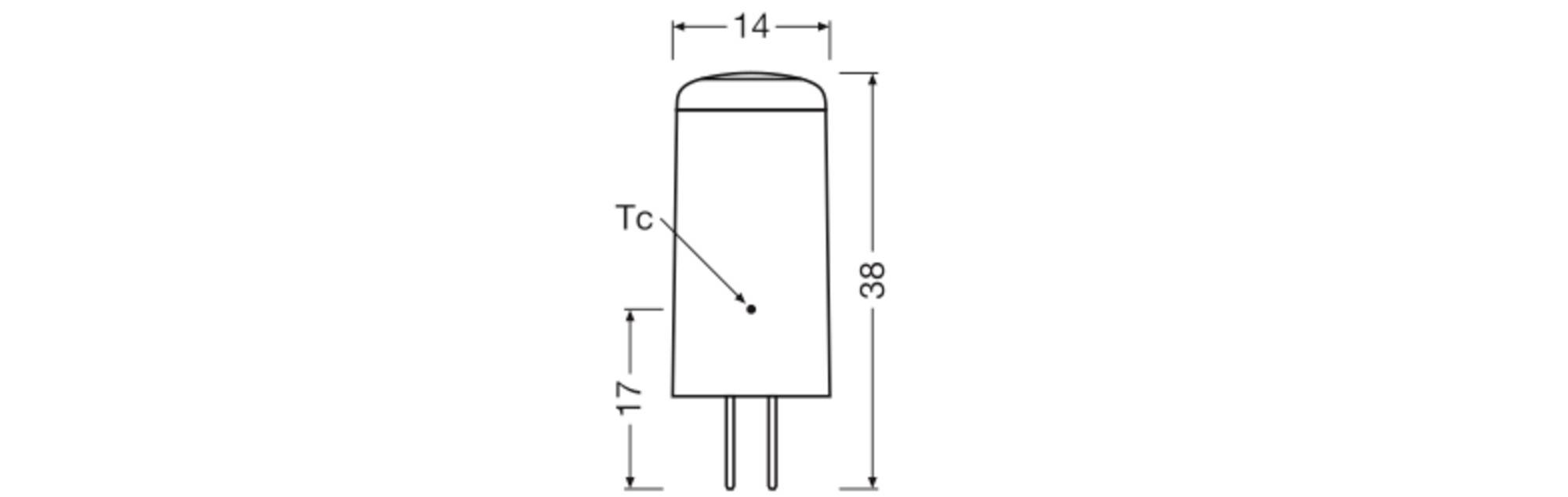 Diagram over en pinnefattet lampe med mål: Højde 38 mm, bredde 14 mm. Punktet 'Tc' angiver et temperaturmålested på lampen.