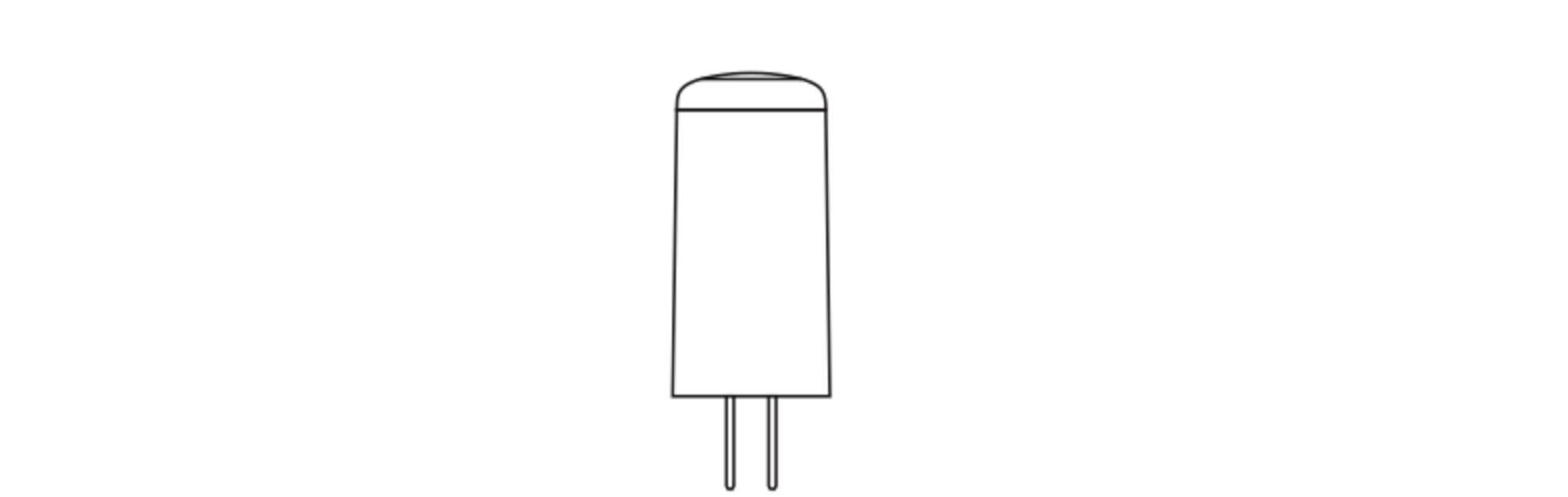Illustration af et cylinderformet elektronisk komponent med to tilslutninger, der peger nedad, sandsynligvis en kondensator eller diode.