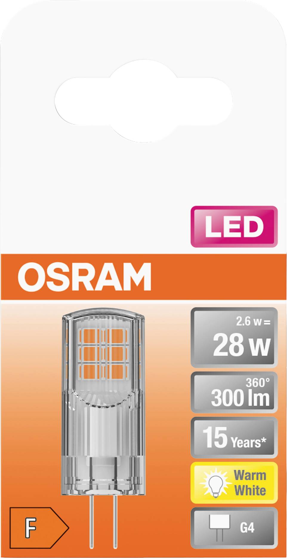 'Osram LED-pære, 2,6 W svarer til 28 W, 300 lumen, varmt hvidt lys, energieffektivitetsklasse F, G4. Levetid op til 15 år.'