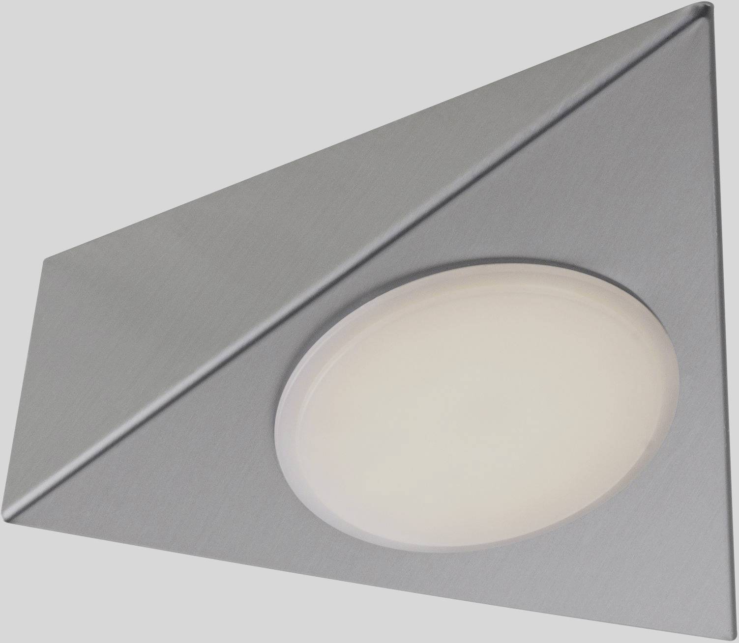 En trekantet, moderne LED-indbygningsspot i børstet metal til vægmontering.