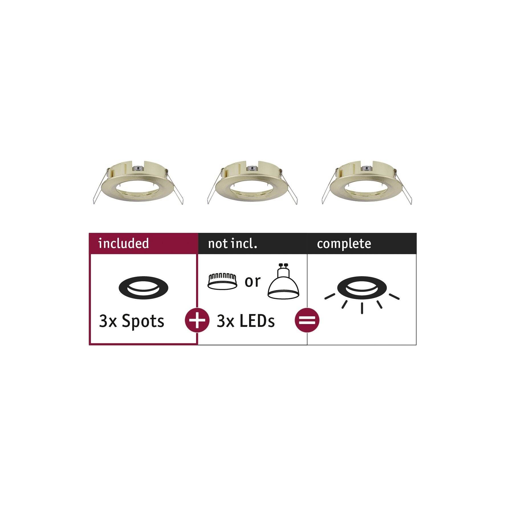 'Tre loftslamper foroven. Tabel viser: "indeholder: 3x Spots", "ikke indeholdt: 3x LED'er", "komplet: 3x LED'er i Spots".'