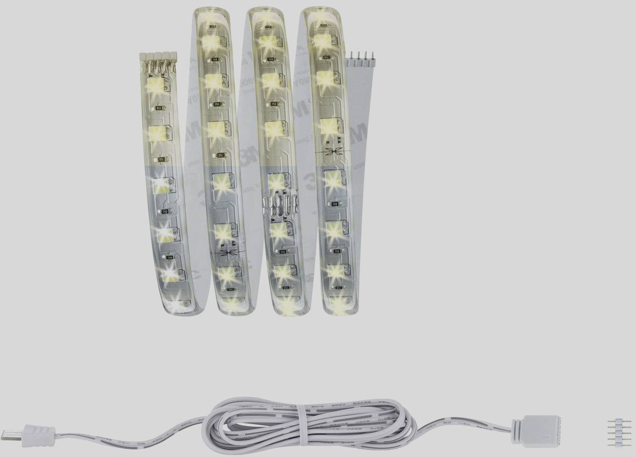 Fire fleksible LED-lysstrips med varmt hvidt lys, forbundet med kabler, til indvendig belysning eller dekoration.