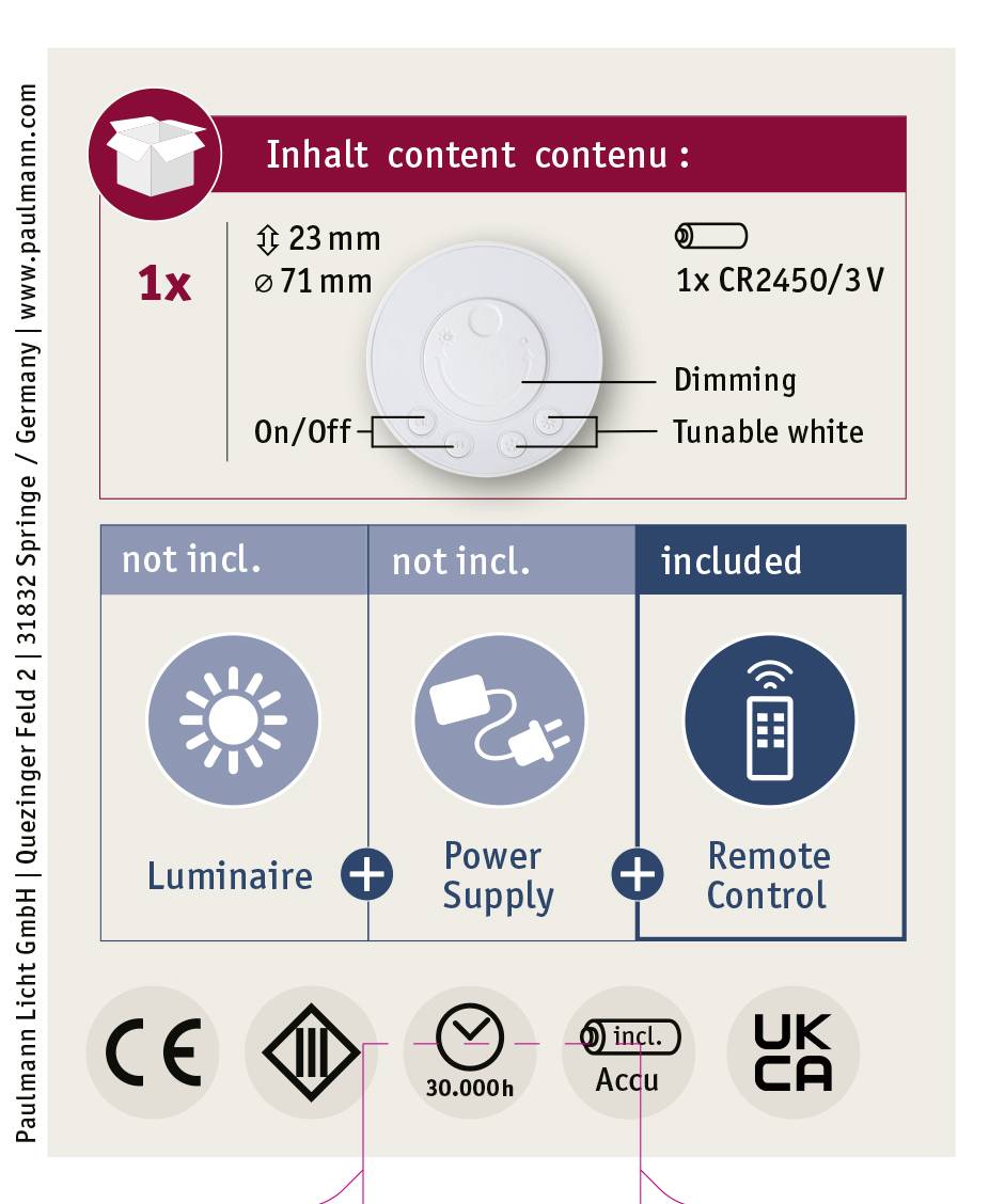 Indhold: 1x dæmpbar, justerbar hvid fjernbetjent lampe, Ø 23 mm x 71 mm, med CR2450/3V batteri. Lampe og strømforsyning medfølger ikke.