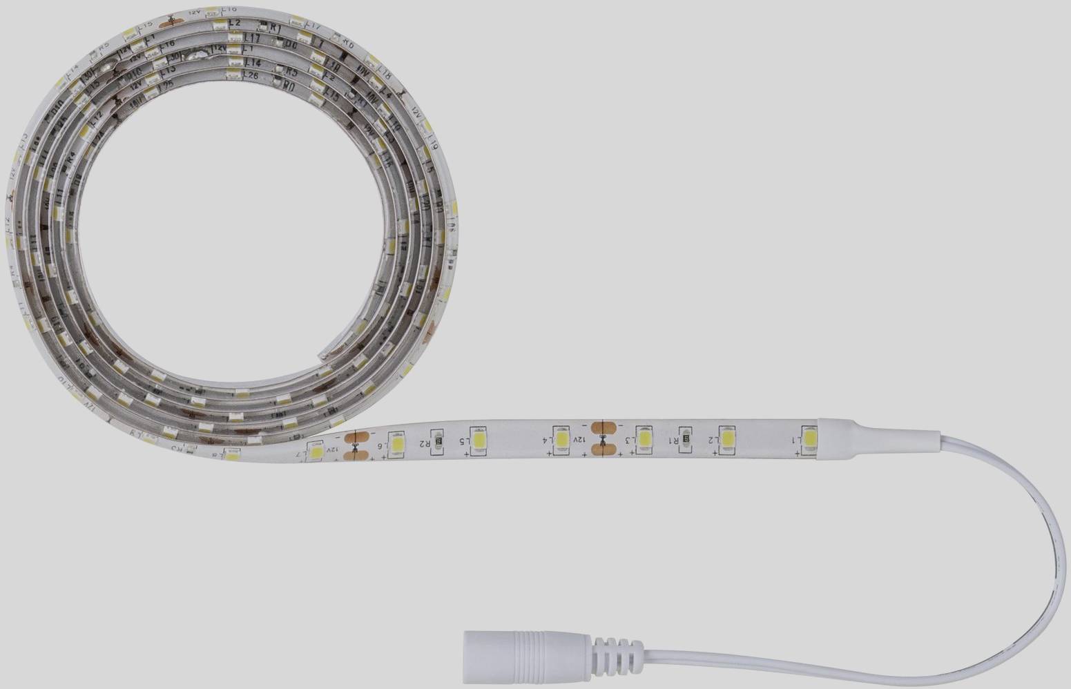LED-lysstribe i spiralform, gennemsigtig afdækning, hvide og gule dioder synlige, med et tilslutningskabel i enden.