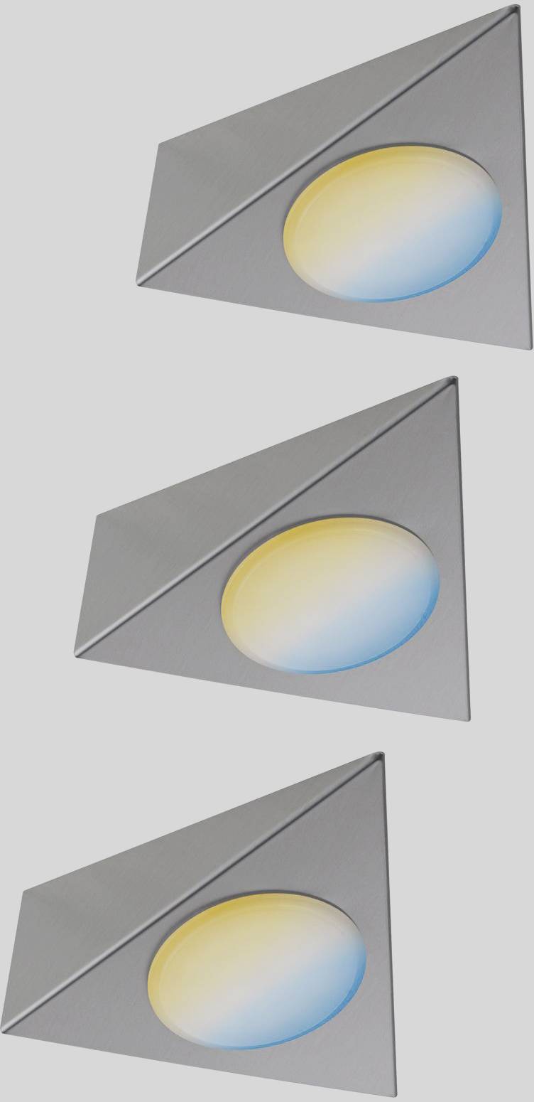 Tre trekantet LED-lamper i grå, der lyser blå og gul, symmetrisk placeret og moderne designet.