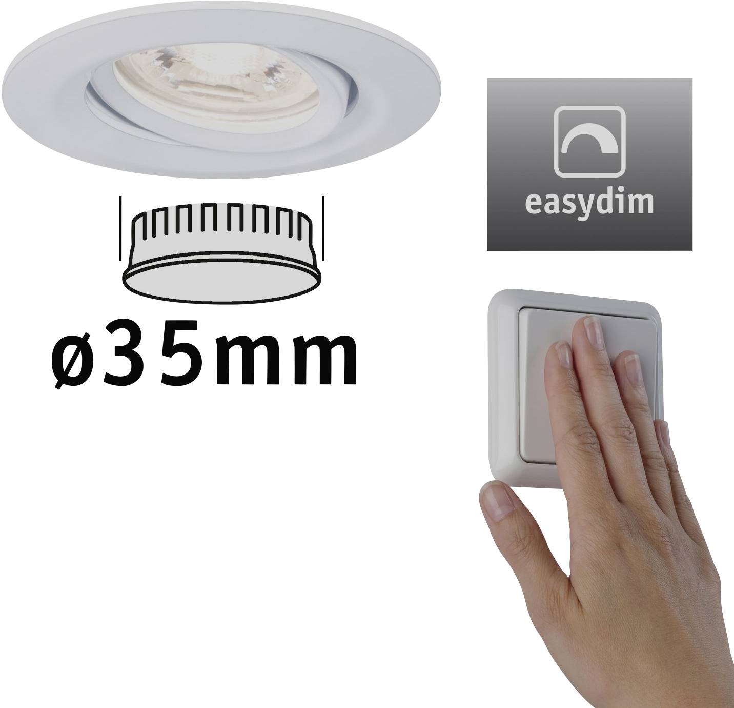 Indbygningsspot med easydim-teknologi, Ø 35 mm. Håndbetjent lysdæmper til justering af lysstyrke.