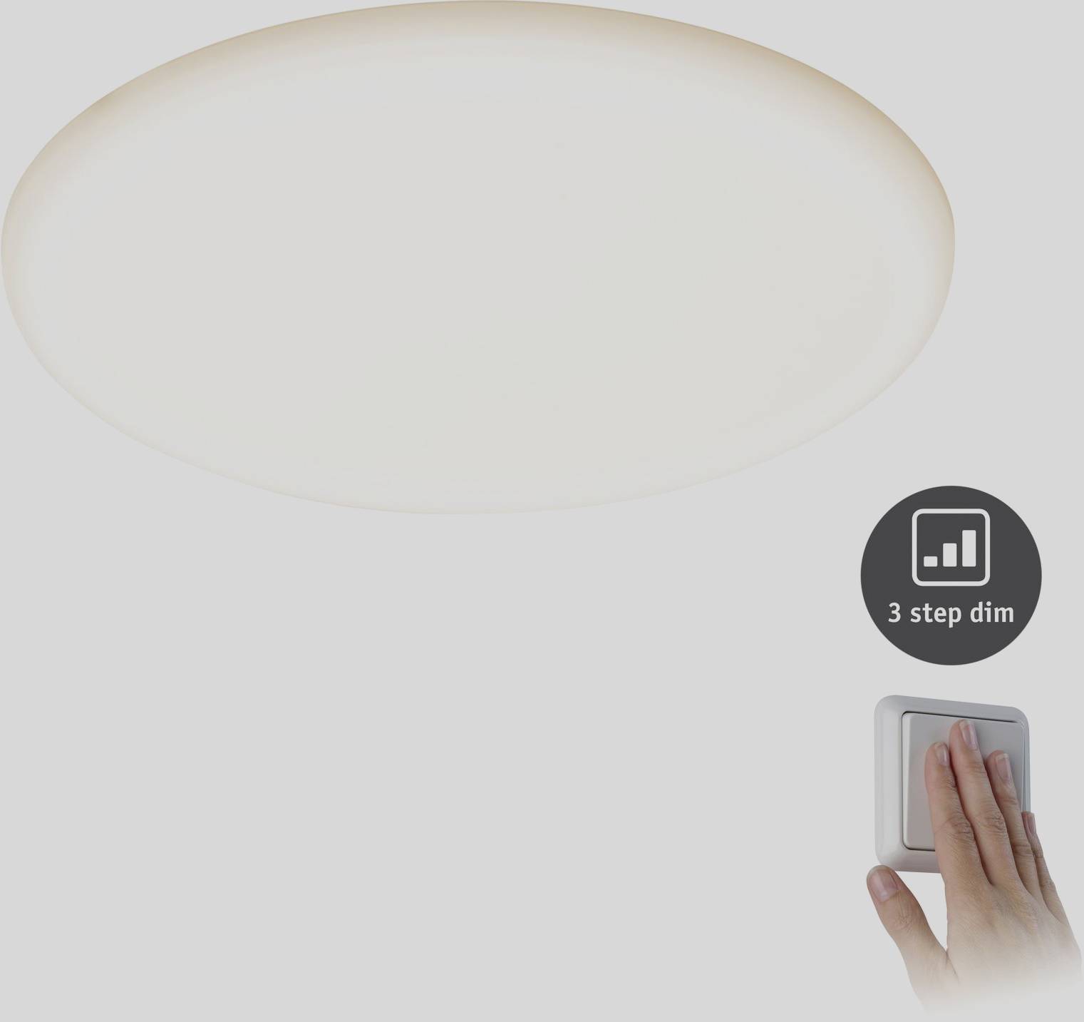 En rund loftslampe betjenes via en vægafbryder. Afbryderen har en '3-trins dæmpnings'-funktion til justering af lysstyrken.