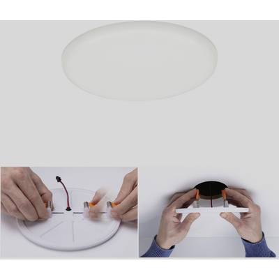 En rund LED-loftslampe og trin til montering. Øverst: Lampe. Nederst til venstre: Forbind ledninger. Nederst til højre: Fastgør lampen til loftet.