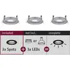 'Billedet viser tre runde indbygningsspot. Diagrammet beskriver, at 3 spots og 3 LED'er tilsammen udgør et komplet sæt.'