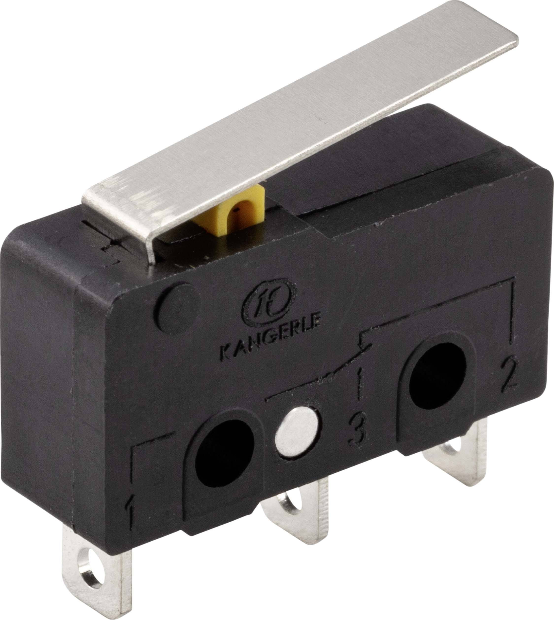 Miniature mikroafbryder med metallak, sort plastikhus, tre tilslutningsklemmer, egnet til elektriske anvendelser.