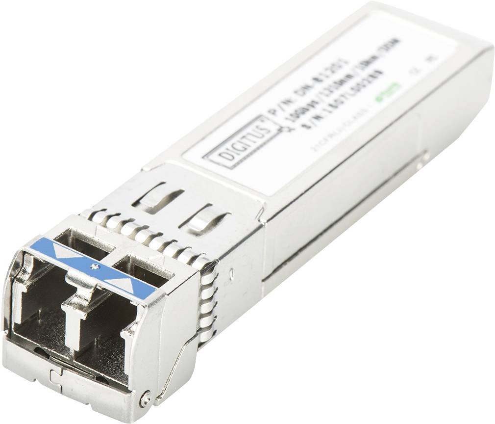 En SFP-fiberoptisk transceiver, egnet til netværksforbindelser i optiske kommunikationsenheder, med to stik foran.