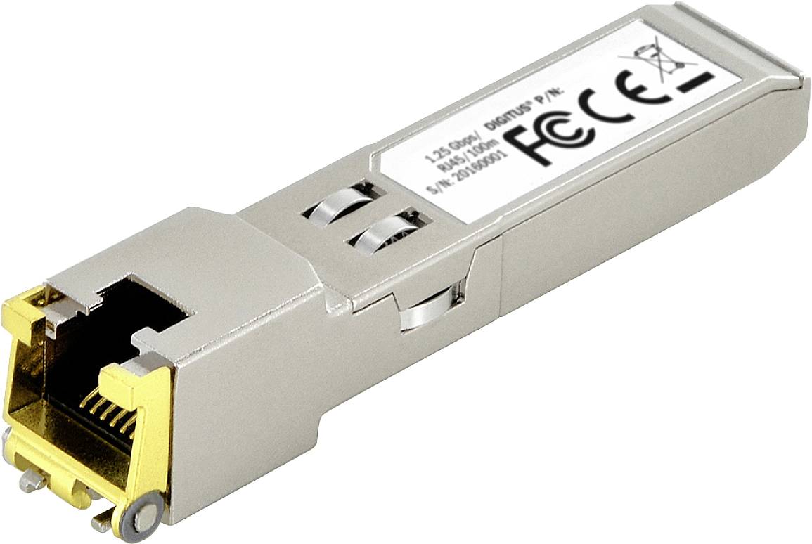 Et SFP-modul med CE- og FCC-mærkning. Det er en lille rektangulær enhed med en RJ-45-forbindelse til netværksforbindelser.