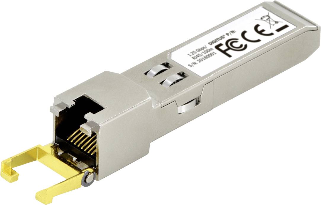 En sølvfarvet SFP-modulstik med gyldne kontakter, bruges til netværksforbindelser. Viser FCC- og CE-mærkning på siden.