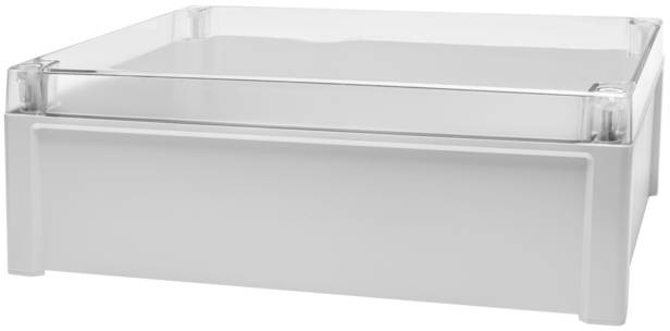 En gennemsigtig plastikopbevaringsbeholder med hvid bund og klar låg, perfekt til organisering og stabling af genstande.