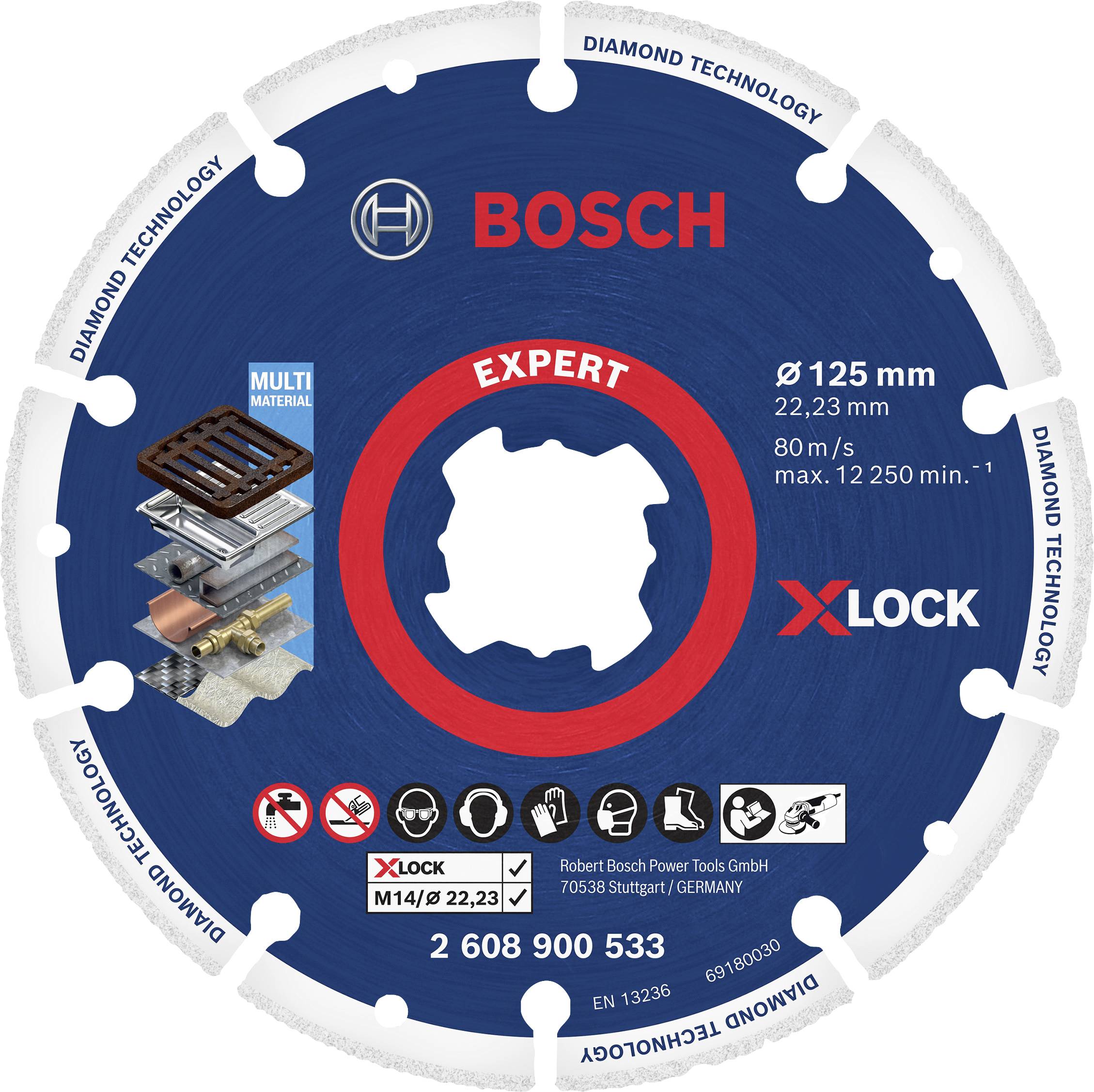 Bosch Expert X-Lock Diamantskive, Ø 125 mm, til Multi-Material; viser lag af forskellige materialer; Fremstillet i Tyskland.
