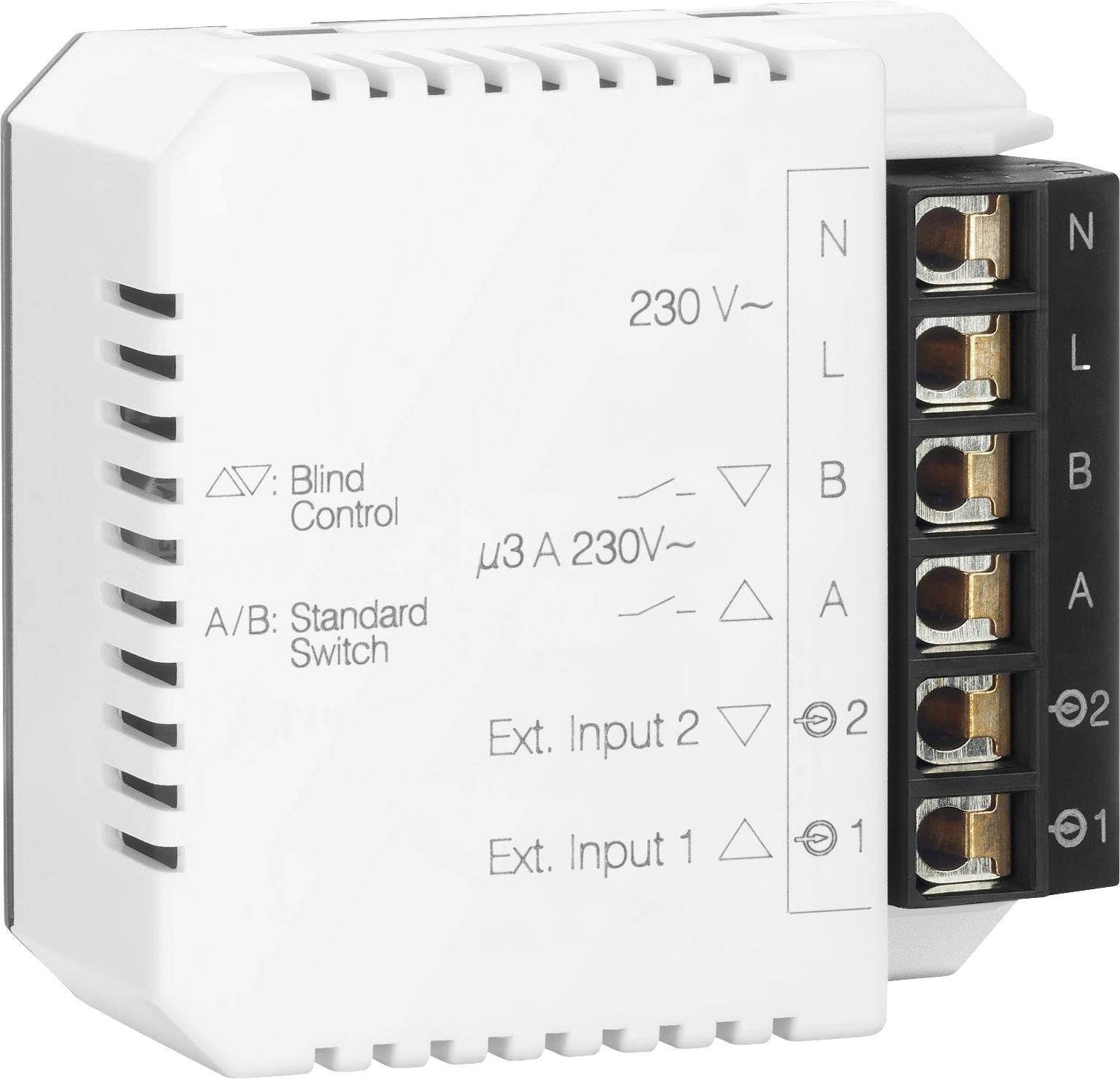 Et rektangulært elektrisk modul med tilslutninger på højre side, mærket med 'Blind Control', 'Standard Switch', '230 V', 'Ext. Input 1/2'.