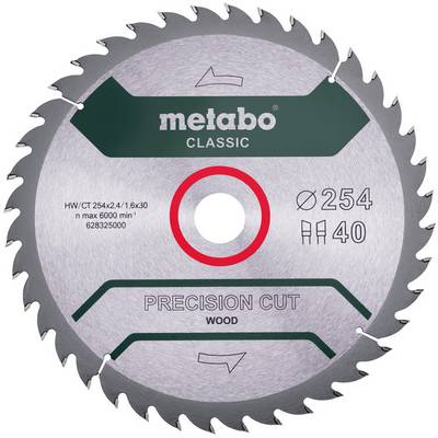 Et cirkulært Metabo Classic præcisionsklinge til træsavning med 40 tænder, 254 mm diameter og et centralt monteringshul.