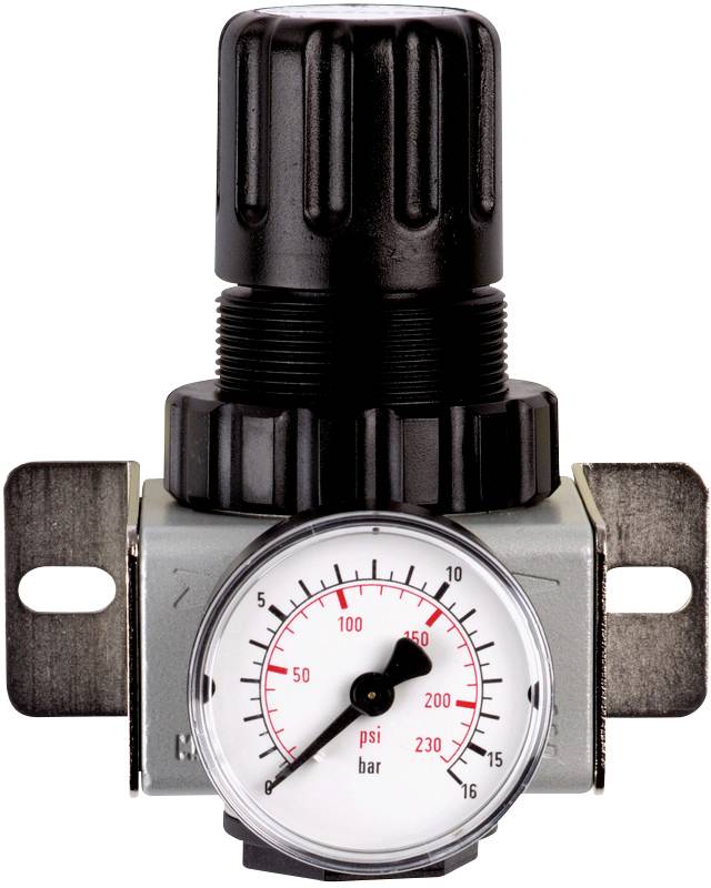 Trykregulator med manometervisning, skala i psi og bar. Viser trykområde fra 0 til 230 psi og 0 til 16 bar.