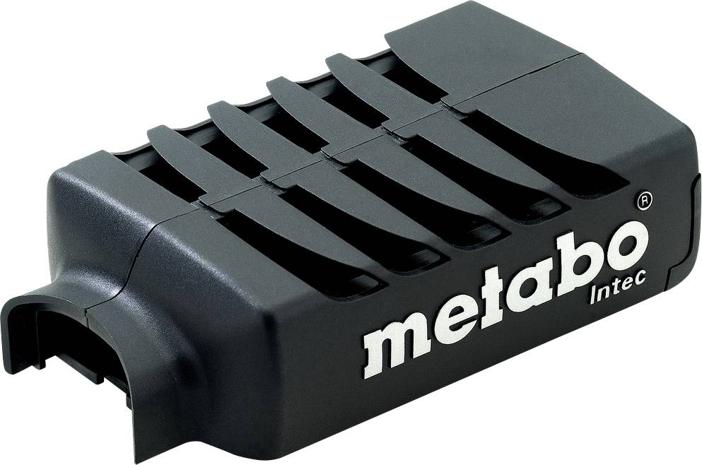 Sort Metabo Intec batterilader eller værktøjstilbehør med ventilerede øverste slitser, vist på hvid baggrund.