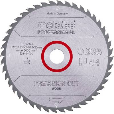Metabo Professionel præcisions savklinge til træ, cirkulær, 235 mm diameter med 44 tænder og rødt centerring, mærket Fremstillet i Tyskland.