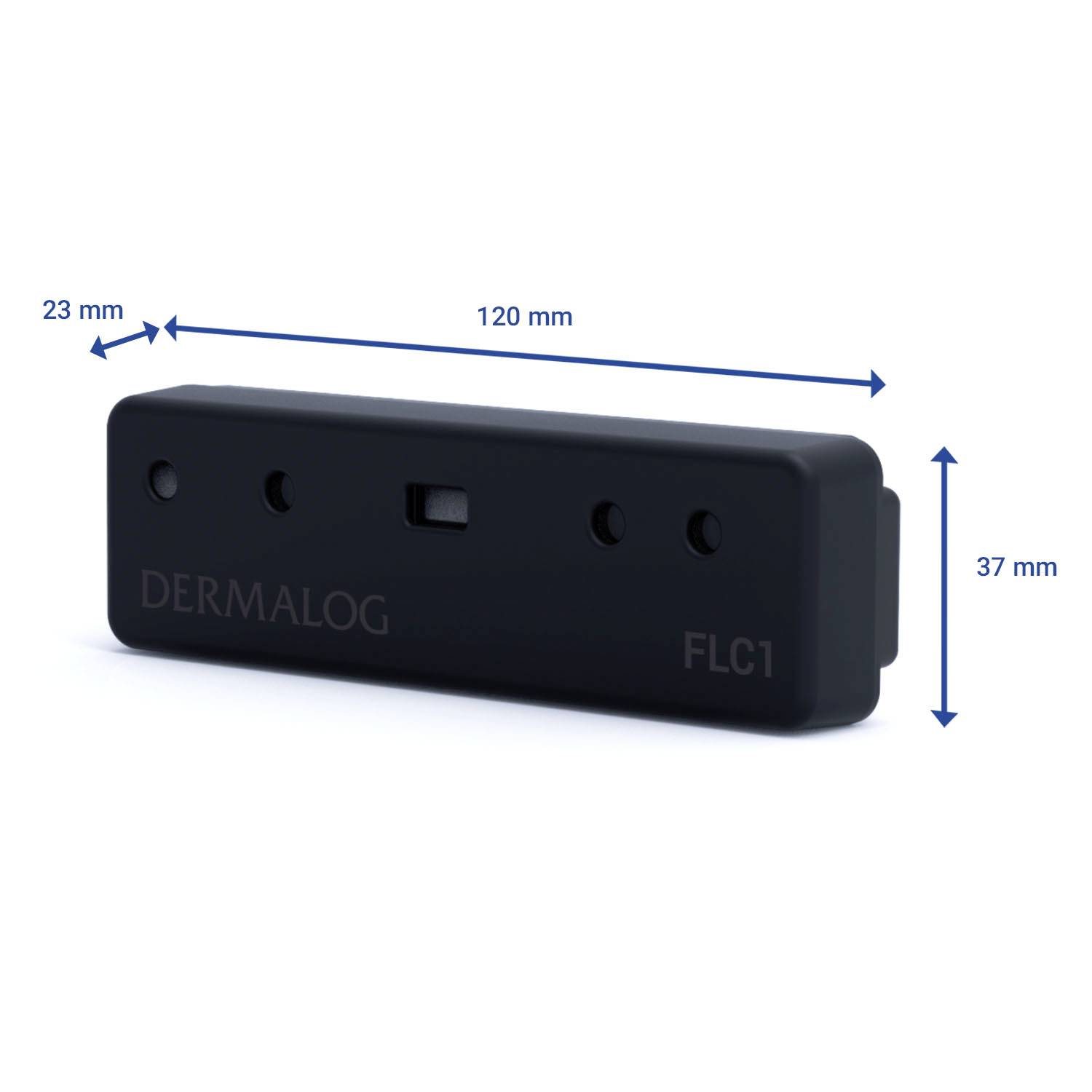 Rektangulær sort fingeraftrykscanner med påskriften DERMOLOG FLC1, mål: 120 mm bredde, 23 mm dybde, 37 mm højde.