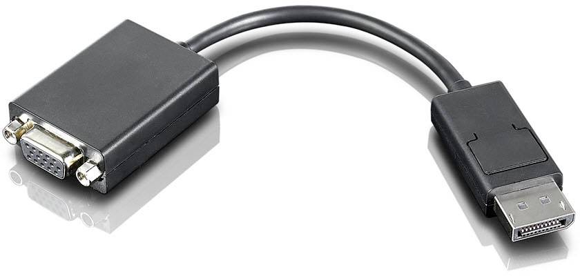 En VGA-til-DisplayPort-adapter til at forbinde ældre VGA-enheder med moderne DisplayPort-indgange. Sort, kompakt, med et kort kabel.
