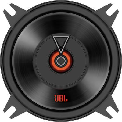 Sort højtaler med orange JBL-logo i midten, rund form med fire monteringspunkter i hjørnerne.