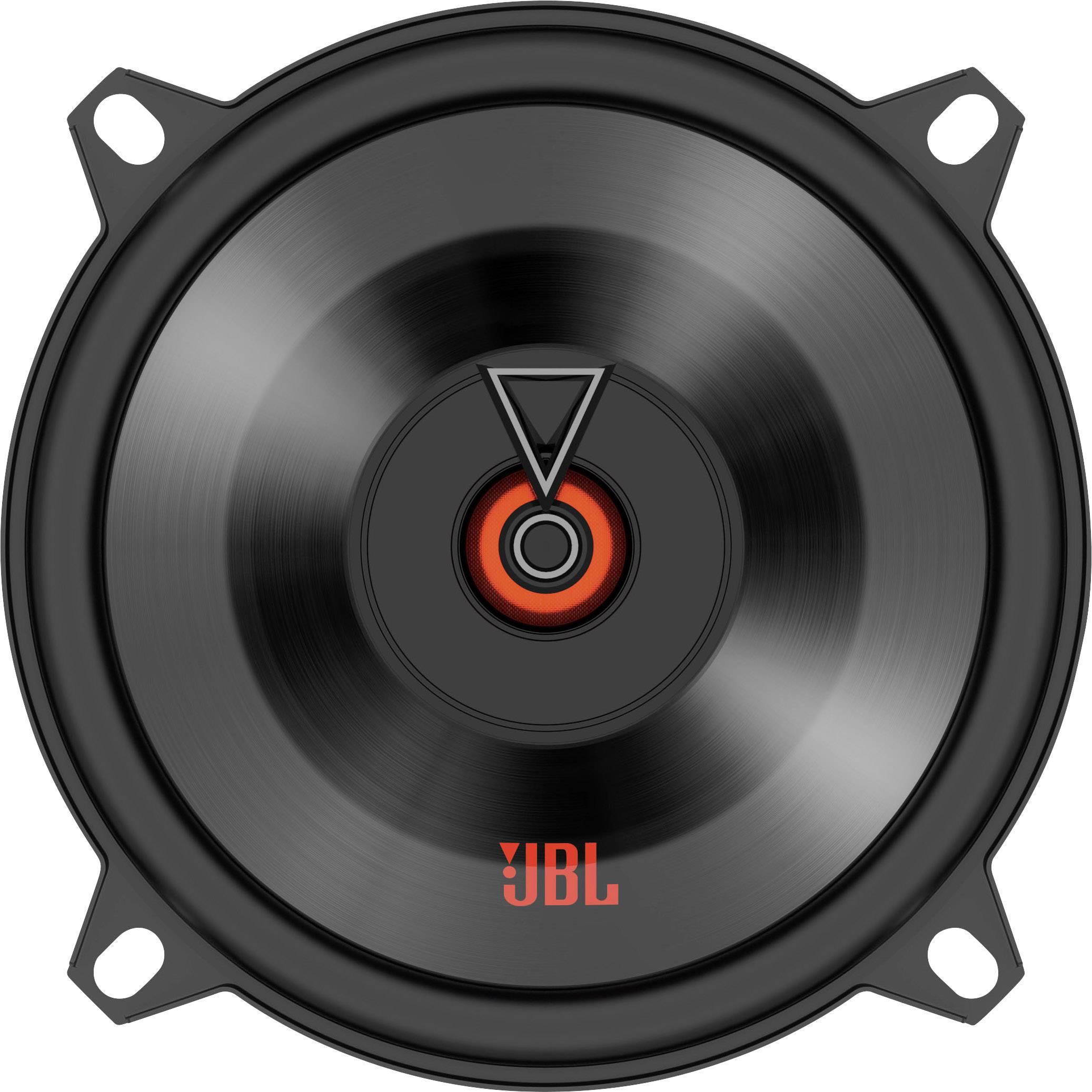 Sort højtaler med orange JBL-logo i midten. Højttaleren har fire skruehuller i hjørnerne.