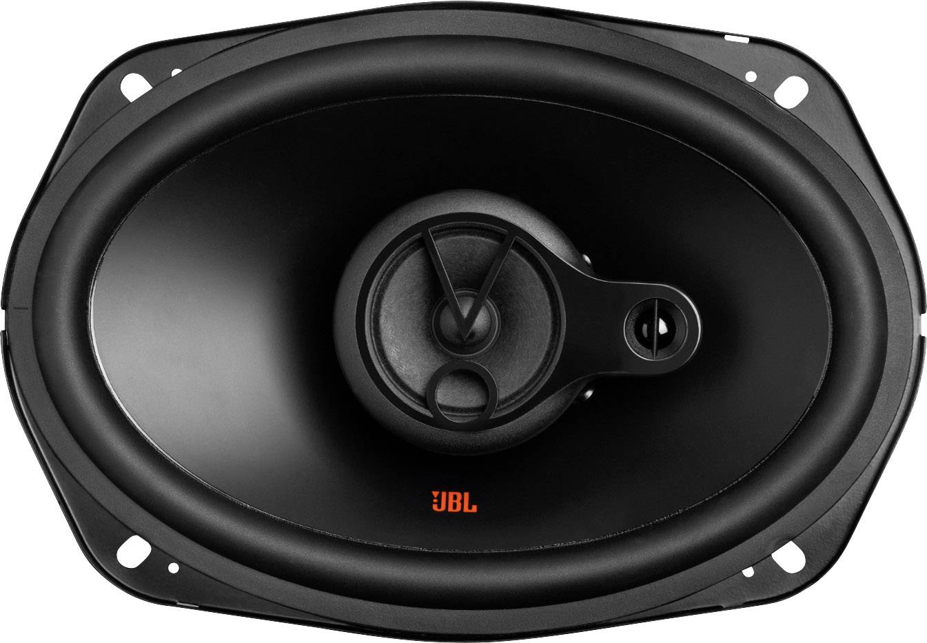 Højttalere i oval form med sort kabinet og synlig konusenhed. JBL-logoet er synligt i orange nederst.