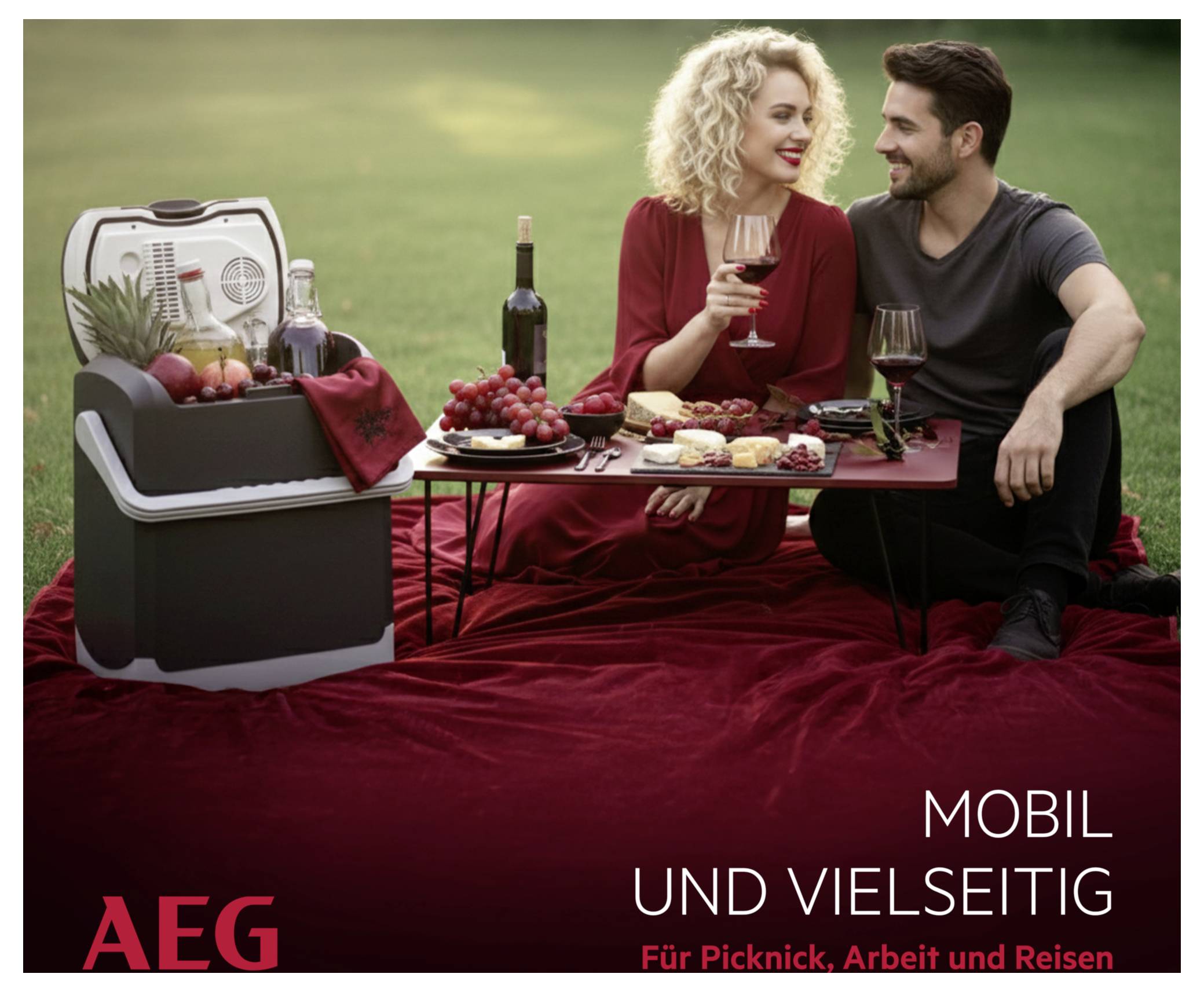 Et par nyder en picnic med vin og ost, siddende på et rødt tæppe i en park. En bærbar køler er i nærheden med teksten "Mobil og alsidigt".