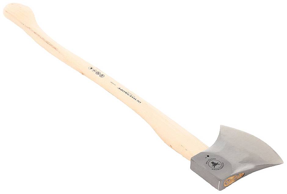 Økse med træskaft og sølvfarvet klinge, set diagonalt.