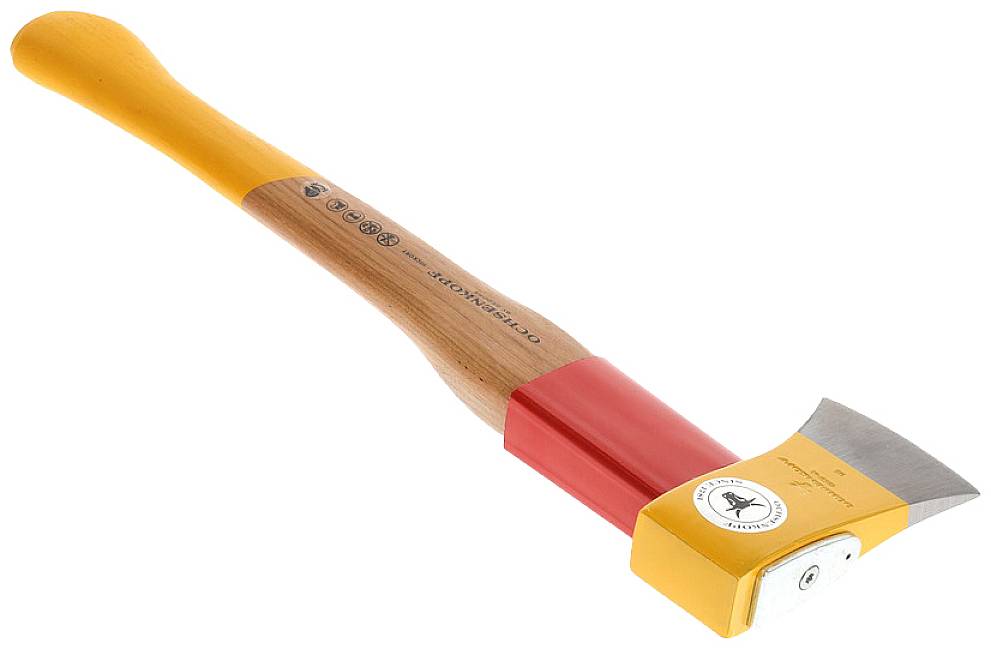 En farverig kløvøkse med orange-gul håndtag og rødt hoved. Velegnet til at kløve brænde.