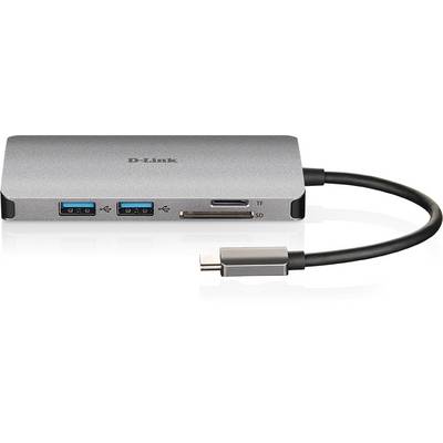En USB-C-hub med to USB-porte, en SD- og TF-kortlæser, forbundet med et kort kabel. Foran en sølvfarvet baggrund.