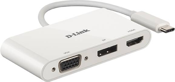En adapter med D-Sub, DisplayPort og HDMI-stik samt et USB-C-kabel; til forbindelse af forskellige enheder.